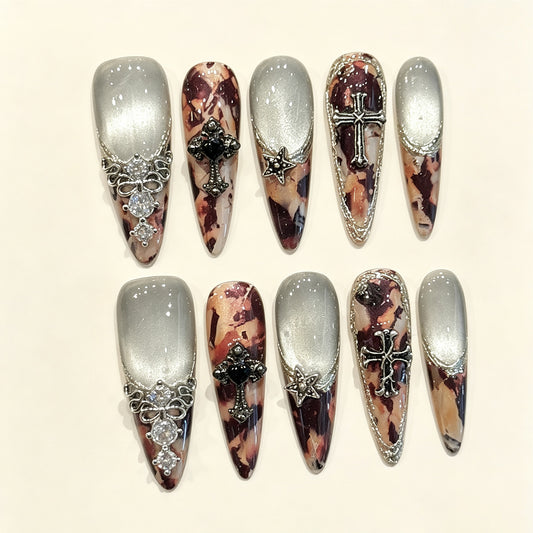 Ash Crest | Long Stiletto Press‑on Nails